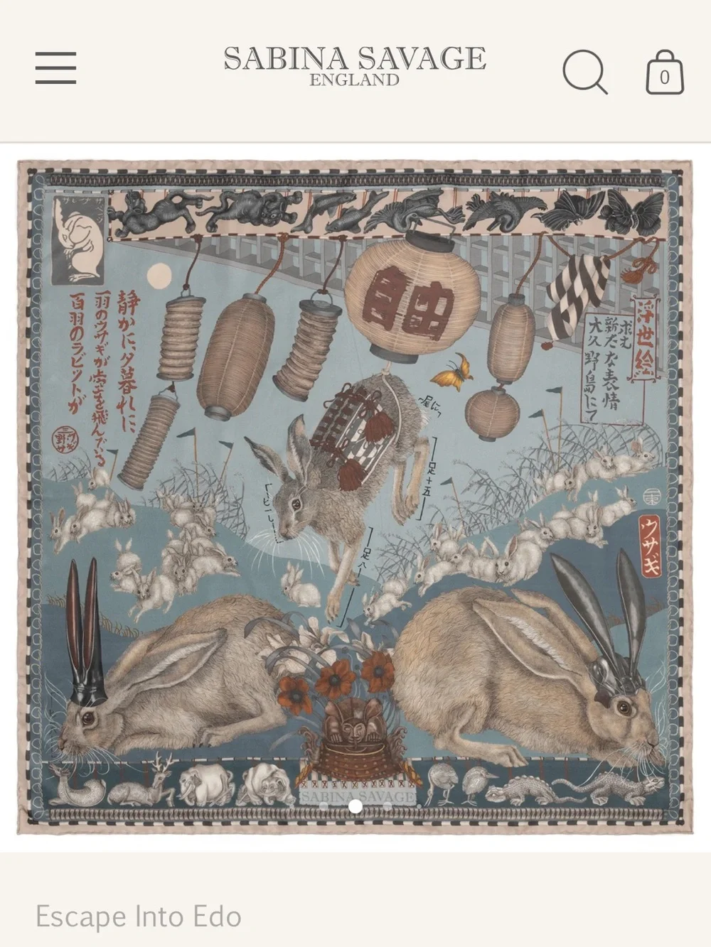 Sabina Savage - THE FLOATING RABBITS SILK TWILL SCARF 90 - Design - Cameo/Rice